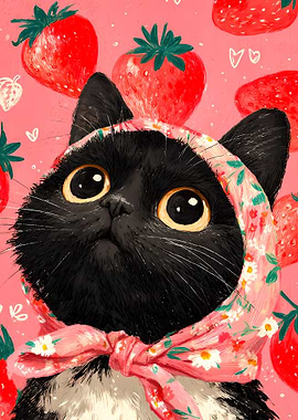 Cute Black Cat with Strawberry Scarf