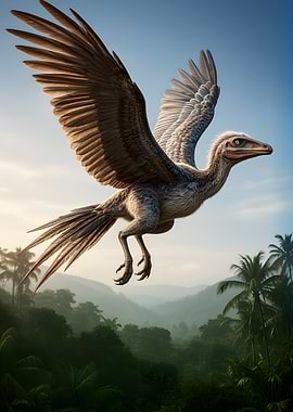 Feathered Dinosaur Flying Over Jungle