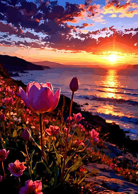 Tulips at Sunset by the Sea