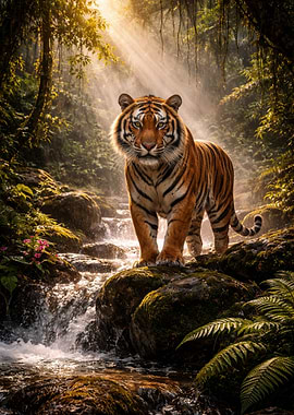 Majestic Tiger in a Sunlit Forest Stream