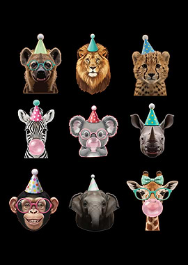 Cute Animals Wearing Party Hats and Glasses