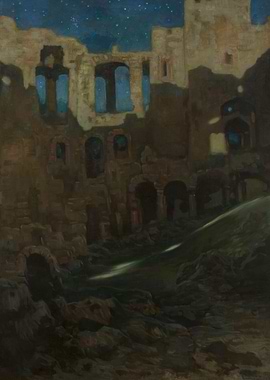 Ruined Castle Under Starry Night Sky