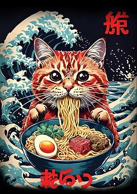 Cat Eating Ramen with Great Wave Background