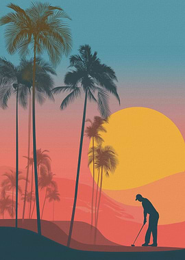 Golfer at sunset with palm trees