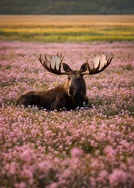 Moose resting in a field of pink flowers