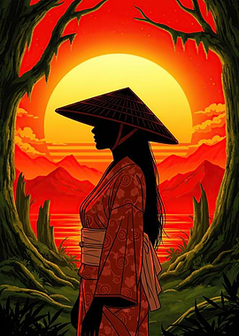 Woman in Kimono at Sunset