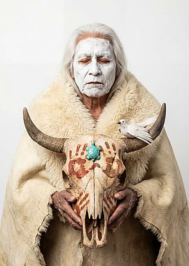 Elderly person with buffalo skull and bird
