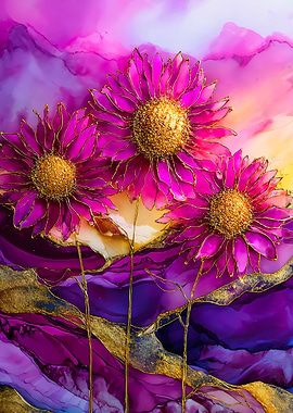 Vibrant Pink Floral Gold Alcohol Ink Art