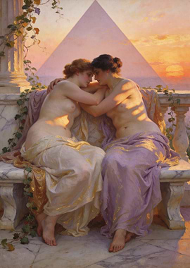 Two women embracing at sunset