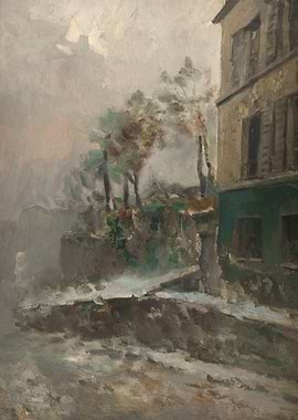 Misty Street Scene with Building and Trees