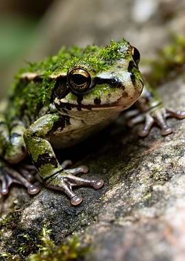 Moss-covered frog on a rock