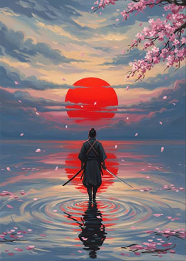 Samurai at Sunset with Cherry Blossoms