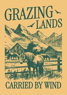 Grazing Lands Horse Poster Vintage Farm Landscape Rustic Western Nature Wall Art