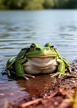 Green frog at the water's edge