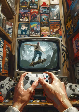 Gamer playing a skateboarding video game