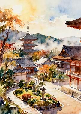 Japanese Temple Garden in Autumn