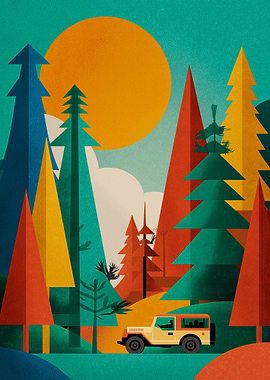 Retro Jeep Adventure in a Stylized Forest