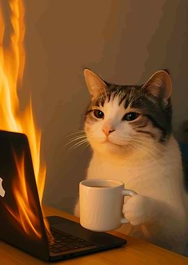 Cat at burning laptop with coffee