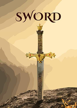 Ornate Sword with Crown and Mountains
