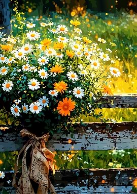 Daisy and Marigold Bouquet on Wooden Fence