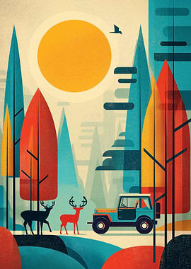 Deer and Jeep in a Stylized Forest