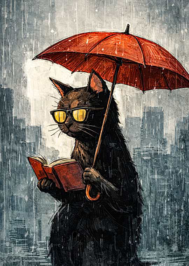 Cat Reading Under Umbrella in Rain