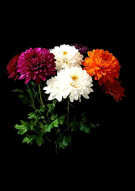 Colorful Chrysanthemums on Black Background