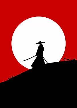 Samurai Silhouette Against a Large Moon