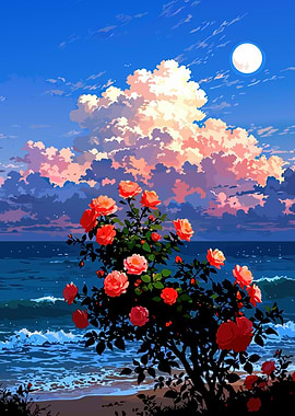 Roses by the Sea Under a Full Moon