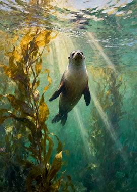 Seal swimming in kelp forest