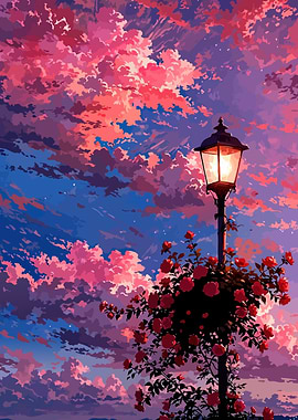 Anime Sky with Lamp Post and Roses