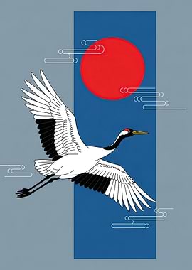 Red-crowned Crane Flying Towards Sun