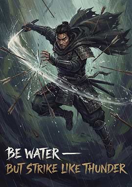 Samurai Deflecting Arrows in Rain