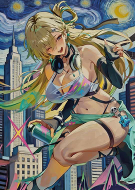 Anime DJ Girl in Starry Night Cityscape