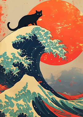 Black Cat on Great Wave with Sun