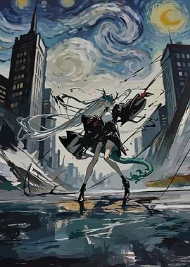 Anime Character in Starry Night Cityscape