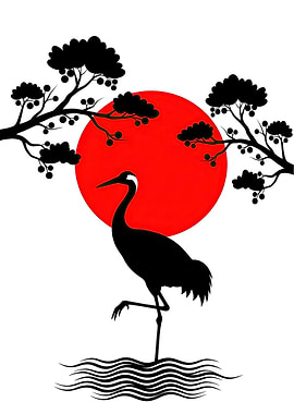 Crane and Sun Silhouette