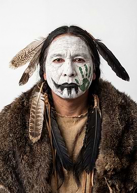 Native American Man with Face Paint and Feathers