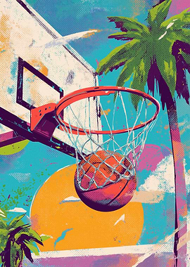 Basketball Hoop with Palm Trees and Sun