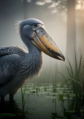 Shoebill Stork in Misty Swamp