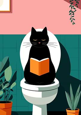 Black cat reading on toilet