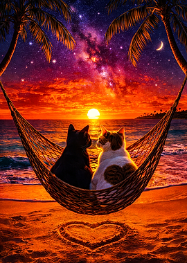 Cats in Hammock at Sunset