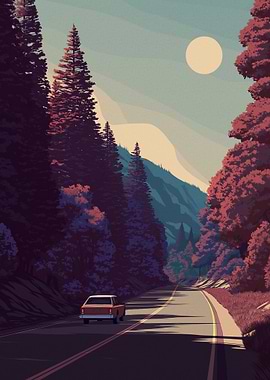 Retro Car Driving Through Mountain Landscape