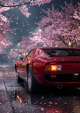 Red Lamborghini Miura in Cherry Blossoms