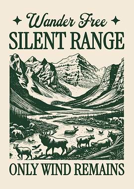 Silent Range Mountain Poster Vintage Engraving Landscape Wilderness Rustic Nature Wall Art