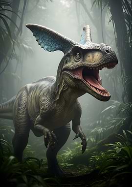 Dinosaur in a Misty Jungle