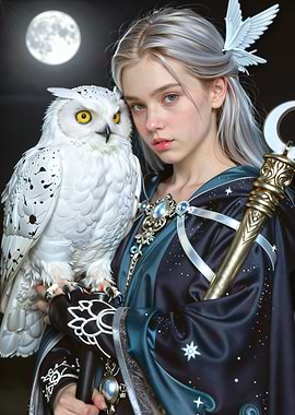 Fantasy sorceress with owl and staff