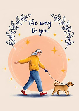 Woman walking dog with floral border