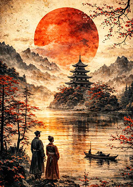 Japanese Pagoda Landscape with Couple