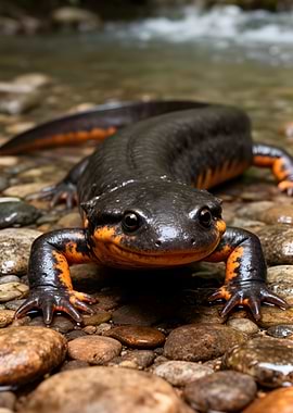 Newt on river rocks